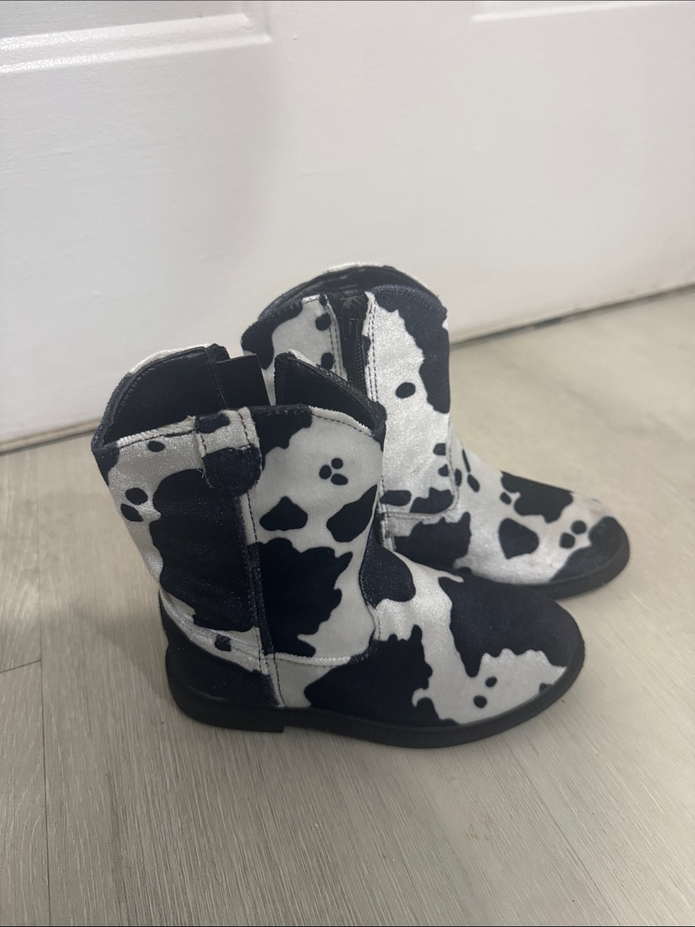 Kids Black and White Cow-Print Western Boots - Slip-On Toddler Boots